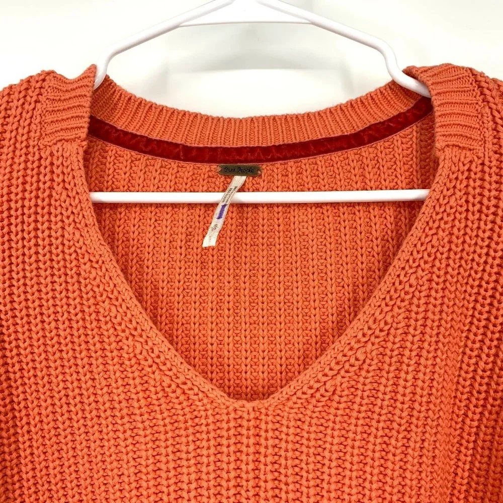 Free People Sweater Damsel Orange VNeck Ribbed Pullover Bell Sleeve